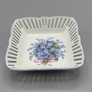 Vtg Reutter Porcelain Reticulated W Germany Square Trinket Dish Forget Me Knots